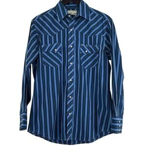 Wrangler Wrancher Shirt Mens L Blue Stripes Pearl Snaps Coastal Western Cowboy